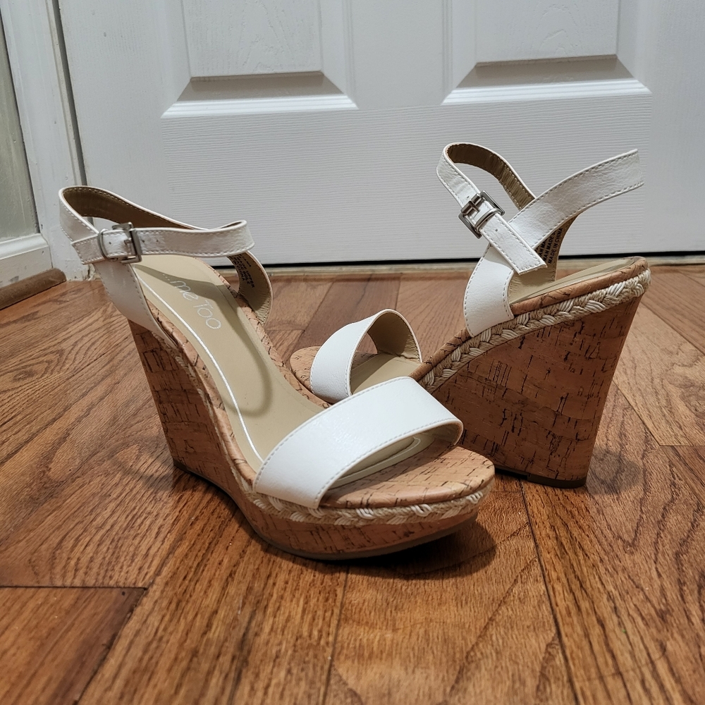 Me Too White Ankle Strap Jute Cork Platform Wedge Sandal Heels
